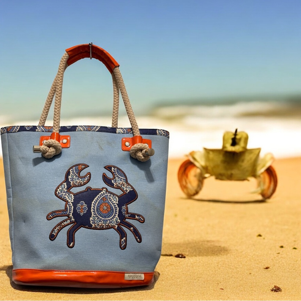 Spartina 449 Blue and Orange beach Tote Bag with Crab Design - Picture 5 of 13